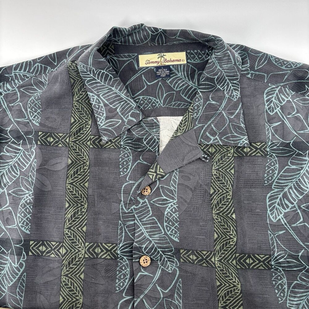 Tommy Bahama Hawaiian 100% Silk Short Sleeve Gray/Teal Relax Size Large